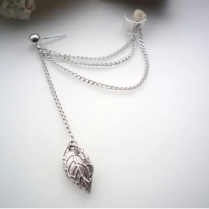 1pc Silver/Golden Chain Women Punk Rock Leaf Cuff Dangle Stud Tassel Earrings