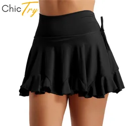 ChicTry Women Black/Red High Waist Latin Dance Skirt Stage Dance Costume Adult Tango Salsa Rumba Latin Dance Shorts Culottes