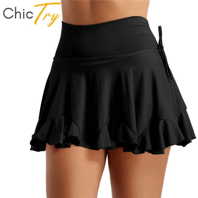 Skup ChicTry kobiety czarny czerwony wysoki stan spódnica do tańca latynoskiego etap kostium taneczny dorosłych Tango Salsa Rumba Latin taniec spodenki Culottes