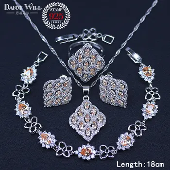 

Square Silver Color Bridal Jewelry Champagne Zircon Jewelry Sets For Women Earrings/Pendant/Necklace/Rings/Bracelet