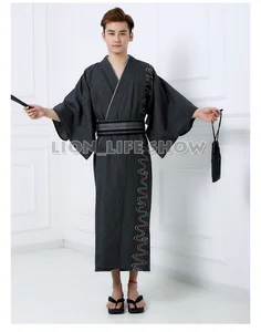 Japanese Men Samurai Yukata Kimono Hot Spring Winter Pajamas Sleepwear Bathrobe Costume Without Obi