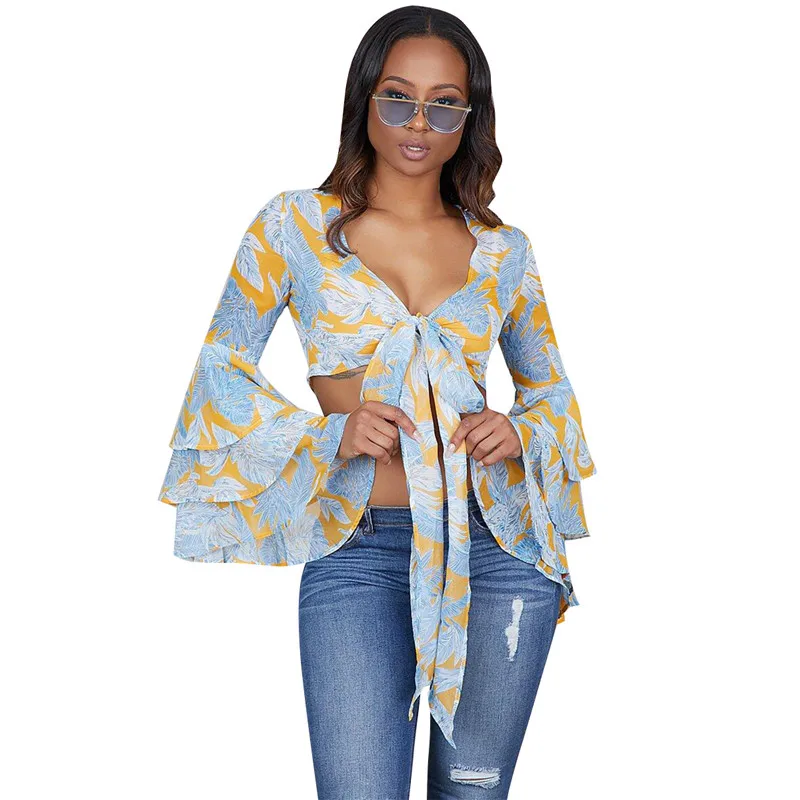 Tanie Floral Print Szyfonowa Bluzka kobiet Topy i Bluzki Długi Rozbłysk Rękaw Boho Lato Crop Topy dla Kobiet 2018 Damskie Muszka Koszula