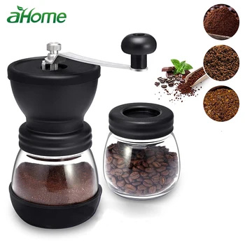 

Manual Coffee Bean Grinder with Ceramic Burrs Hand Coffee Mill with Two Glass Jars Washable Adjustable Grain Mills