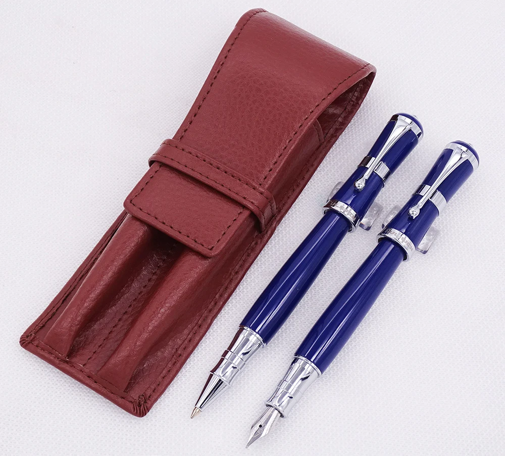 

Fuliwen 2051 Blue Metal Fountain Pen & Roller Pen with Real Leather Pencil Case Bag Washed Cowhide Pen Case Holder Writing Set