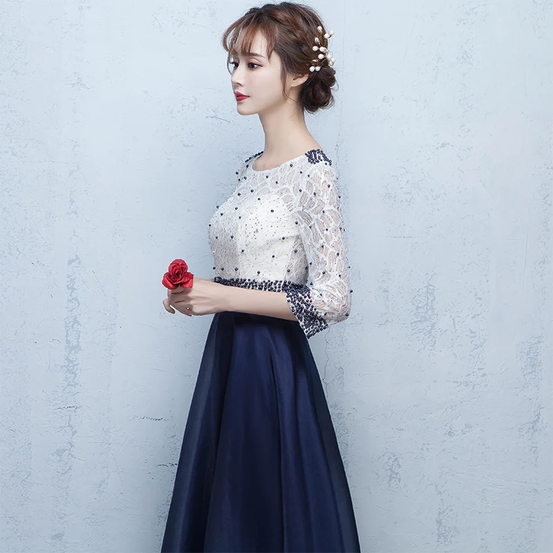 

Navy Blue Evening Dress Fashion Lace Three Quarter Sleeve Evening Dresses Prom Dresses M054