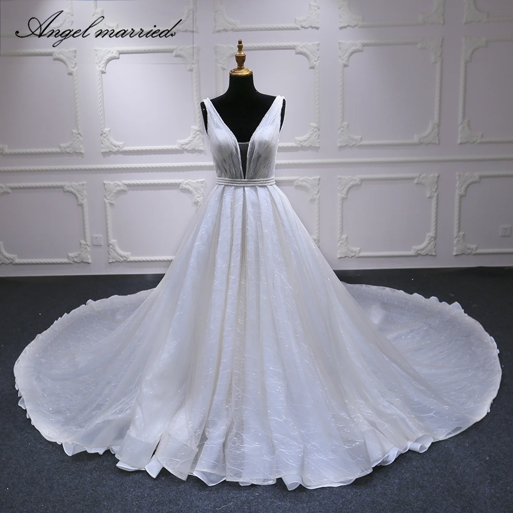 

Angel married wedding Dress low v neck wedding gown with long tail lace bridal dress wedding party dress vestidos de novia