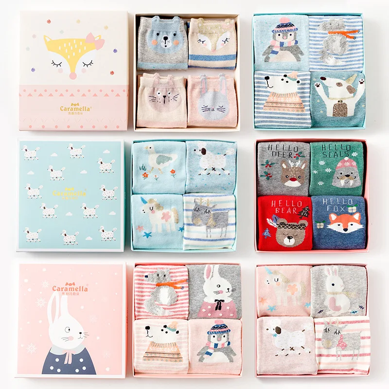2018 Caramella 4 pairs/box Cartoon Animals Cotton Women/men Autumn Painting Crew girl Short Socks Cute Harajuku Tide Casual