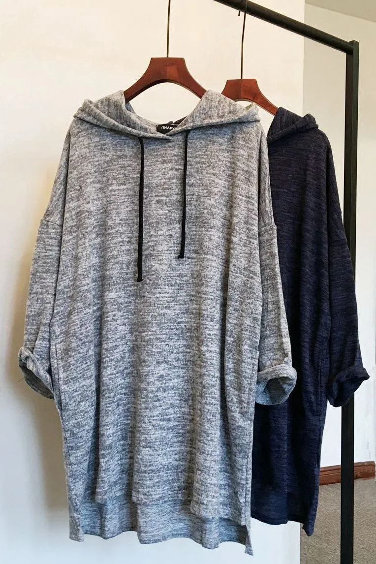 2017 Весна и осень смешанные трикотажная с капюшоном sweatershirt свободный рукав "летучая мышь" боковые карманы средней длины пуловер с капюшоном