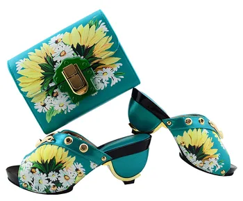 

Elegant flower print strange high heel slip on shoes with handbag set nice matching for evening dress GL01 heel height 7.5cm
