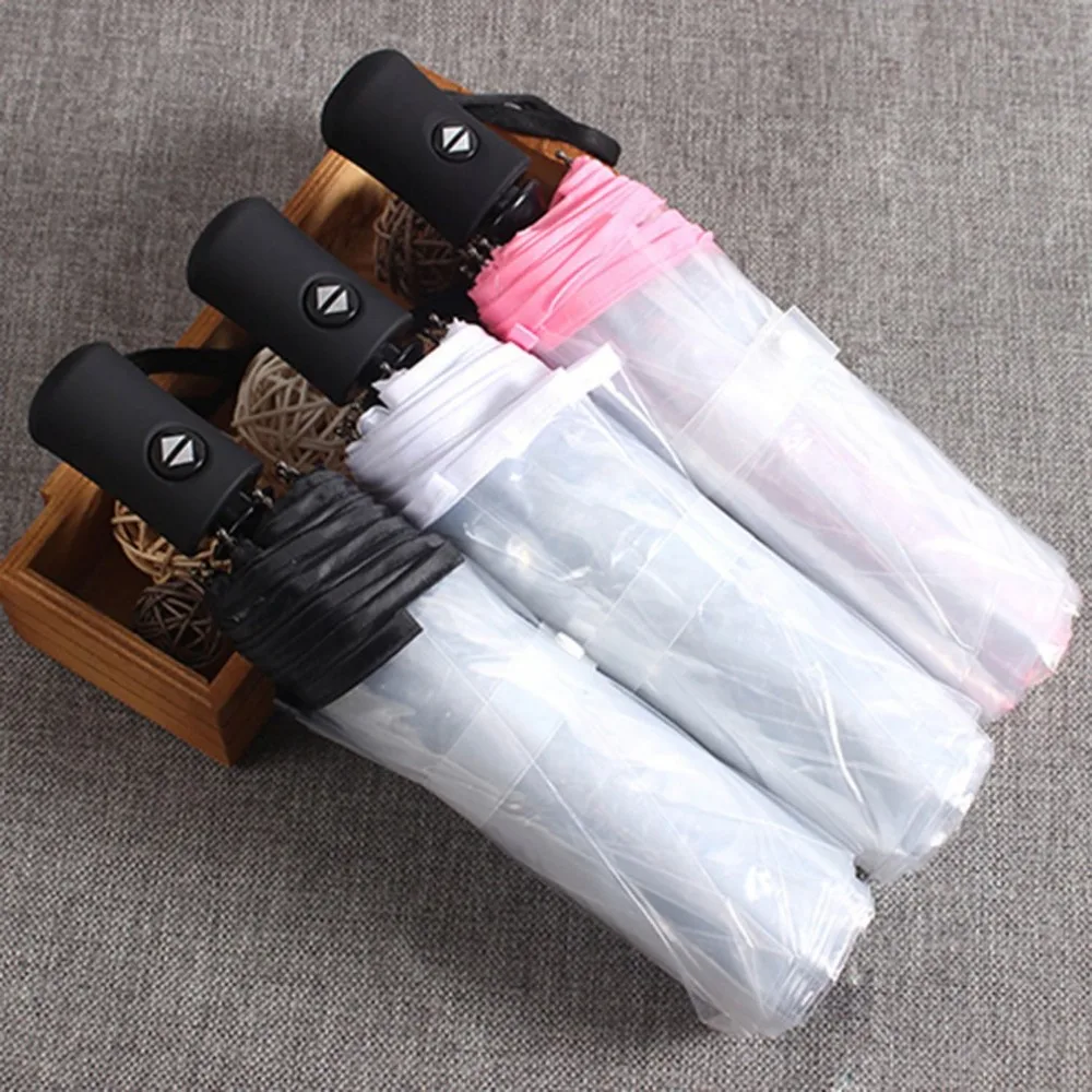 Compact Fully Automatic Umbrella Three Folding Clear Windproof Umbrellas Women Men 8 Rib Rainproof Transparent Umbrella Gift