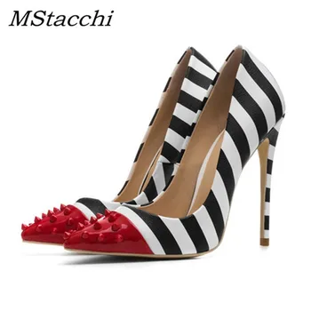 

MStaachi 2020 Zebra Stripes High Heel Shoes Woman Rivet Pointed Toe Patent Leather Patchwork 12CM Pumps Women Fashion Party Shoe