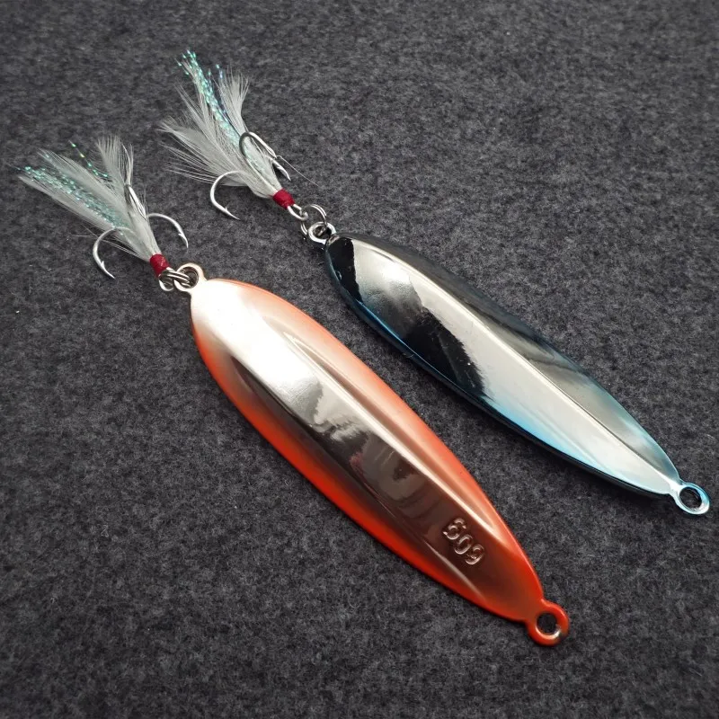 60g 94.7mm Long Shot Metal Fishing Lure Sea Monster Tackle Hard Spoon Bait with Feather