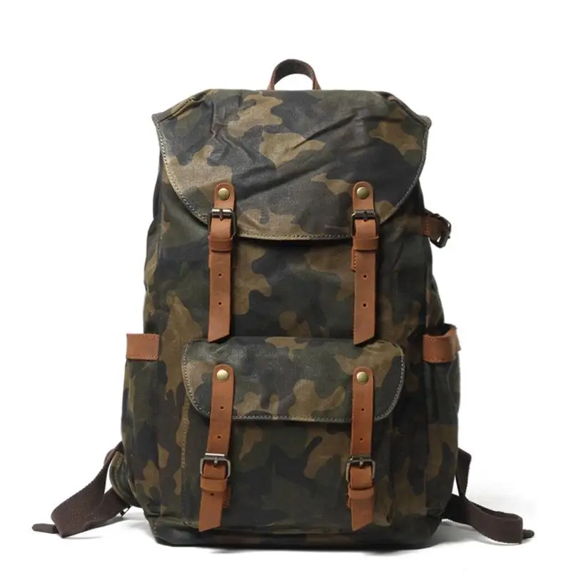 Men Vintage Waterproof Travel Camouflage Backpack Retro High Quality Wax Canvas School Bag Teenager College Leisure Bookbag