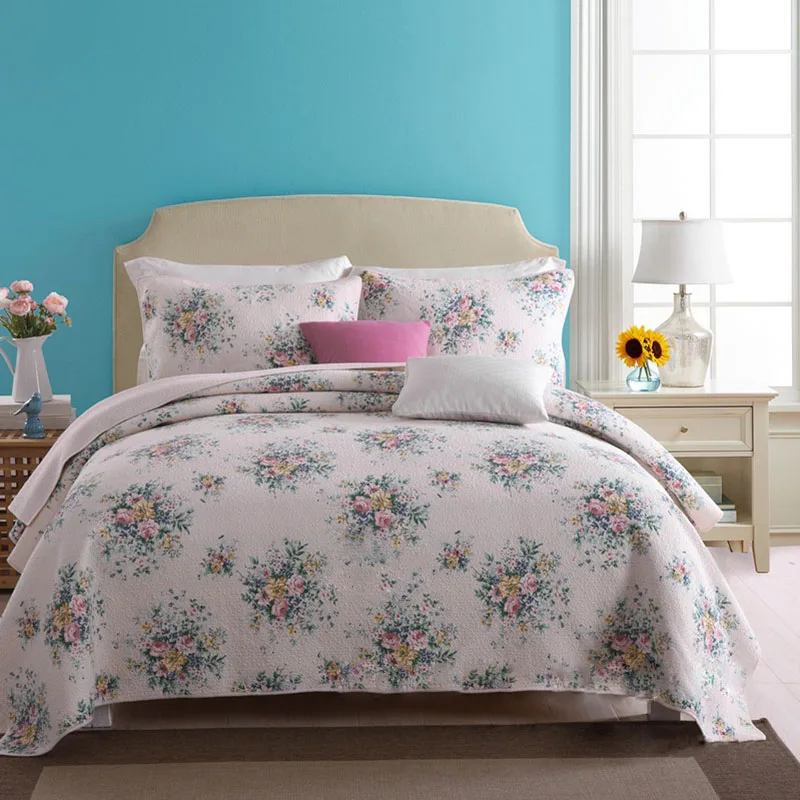 buy CHAUSUB Quality Bedspread Quilt Set 3pcs Coverlet Flowers Washed Cotton Quilts Quilting Bed Cover Pillowcase King Size Beige