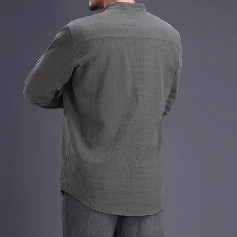 الرجعية القطن الكتان الرجال قميص جديد 2019 الربيع أنيقة موقف طوق طويلة الأكمام قمم عارضة الرجال فضفاض قمصان أوم camisa هومبر