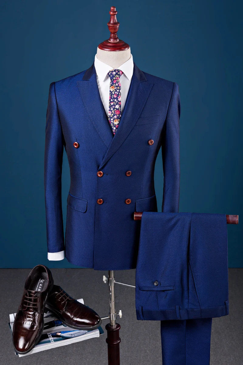 2019 Three Piece Suit Men Slim Fit Wedding Black/Blue Suit Double Breasted Groom Mens Dress Suits Erkek Smokin Prom Suits