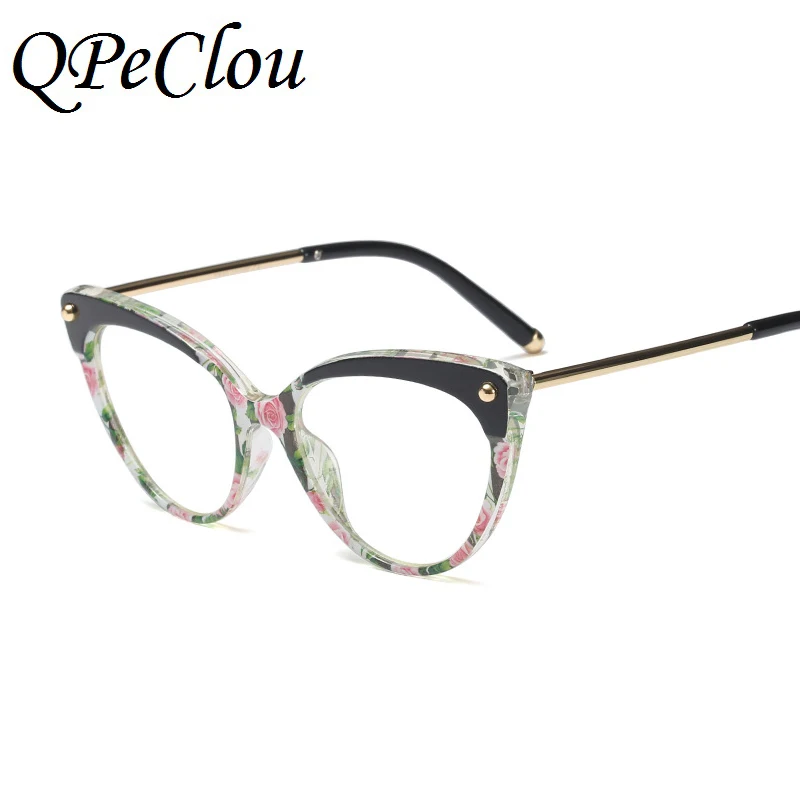 QPeClou винтажная оправа для очков в стиле кошачьи глаза женские ретро цветочные оправы для очков женские TR очки круглые очки для лица UV400 - Цвет оправы: Floral0564