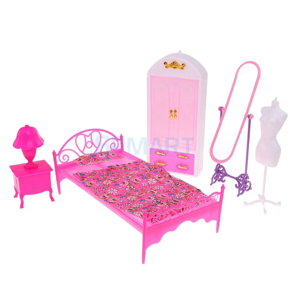 

Modern Style Girls Bedroom Furniture Set - Single Bed, Wardrobe, Full-length Mirror & Mannequin For Dolls Accessory