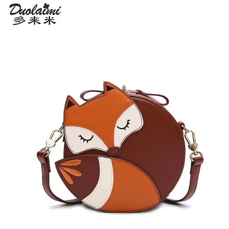 2018 DuoLaiMi Animal Appliques Print Fashion PU Zipper Circular Yellow Fox Women's Shoulder Messenger CrossBody Bags Handbag