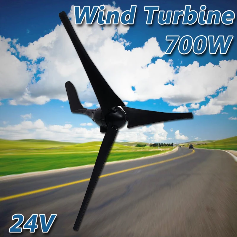 

700W 24V Volt 3 Nylon Fiber Blade Wind Turbines Black Horizontal Home Power Energy Generator Windmill