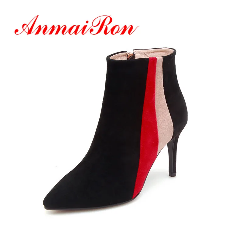 

ANMAIRON 2018 New arrival Ankle boots women Kid suede Fashion boots short plush Autumn winter ladies boots high heel shoes CR953