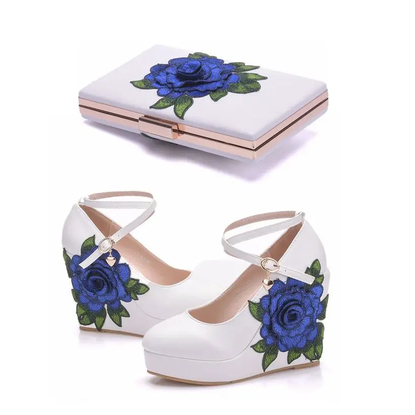 Crystal Queen Blue Lace Flower Bride Wedge Shoes High Heel Wedding