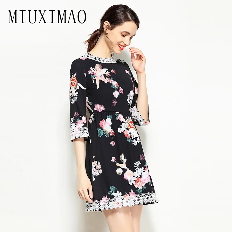 

2018 Spring Newest Fashion Europe Style A-Line O-Neck Three Quarter Floral Angel Print Lace Casual Above Knee Mini Dress Women