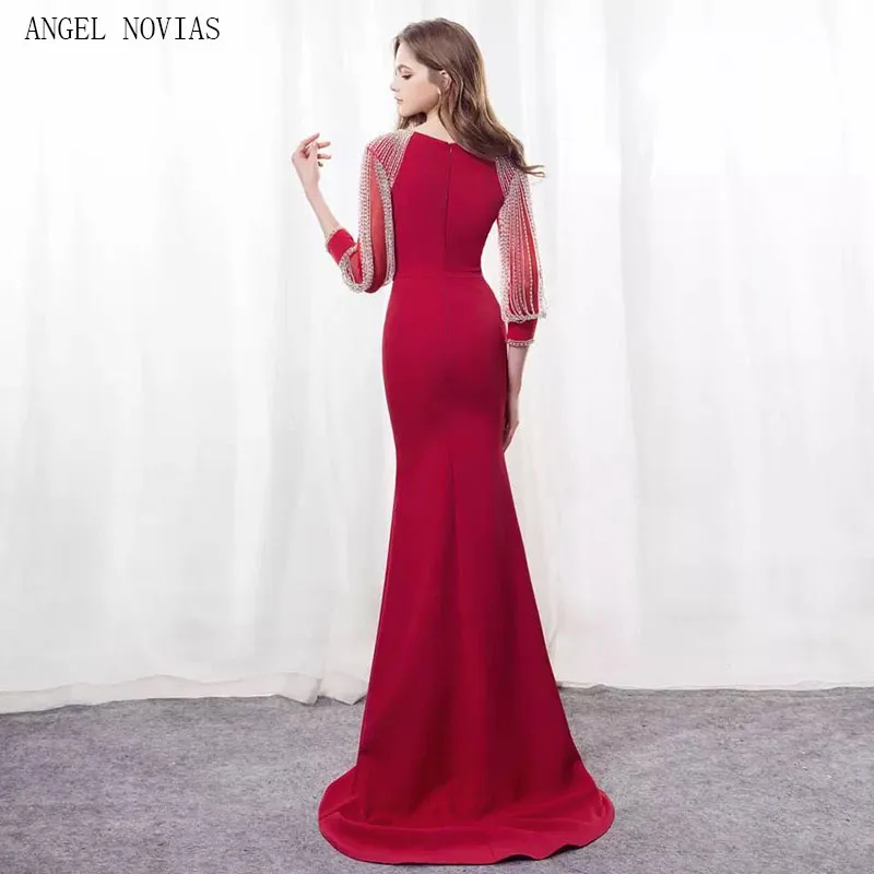 ANGEL NOVIAS элегантное красное платье-Русалка с длинным рукавом Вечерние платья 2018 бусины хрустальные вечерние платья с коротким шлейфом