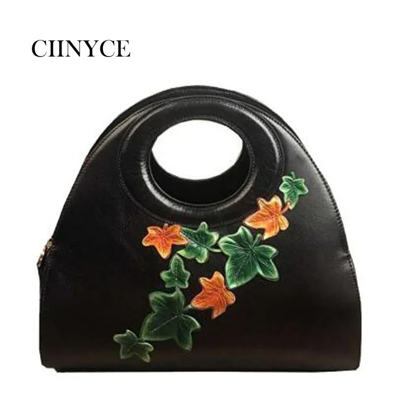 

2019 New women bag genuine leather brands Handmade Embossing flower fashion cowhide tote women handbags leather art bag