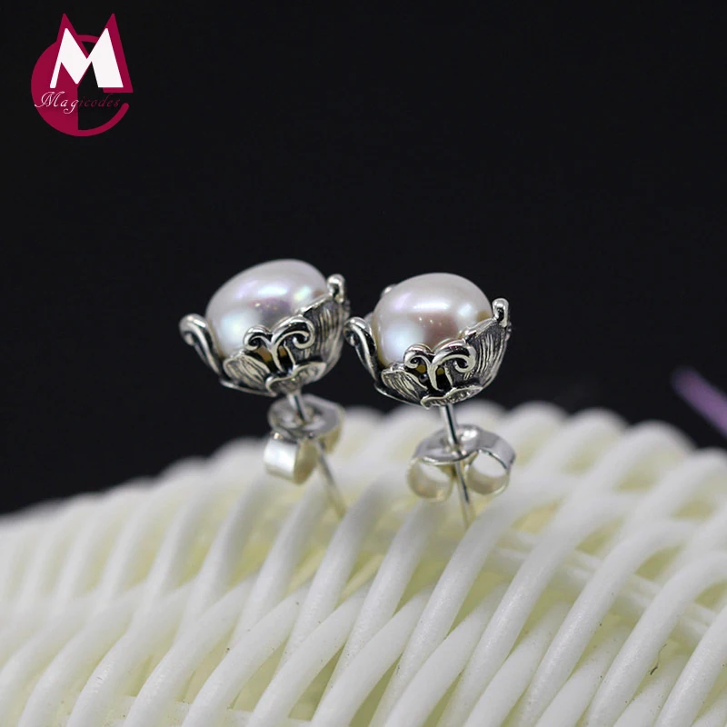 

Luxury 7mm Natural Pearl Earrings Vintage Flower 100% 925 Sterling Silver Earrings For Women Exquisite Silver 925 Jewelry SE16