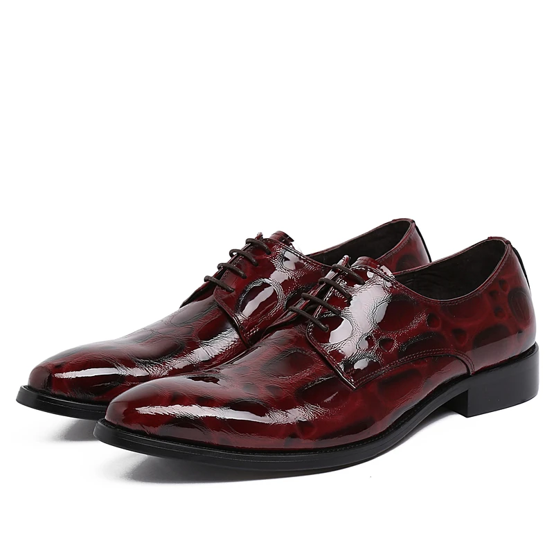 Fashion serpentine wine red derby  mens wedding shoes genuine leather business shoes pointed toe mens dress shoes