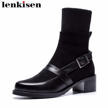 

Lenkisen round toe genuine leather patchwork slip on med heels metal buckle features career basic woman knitting ankle boots L17