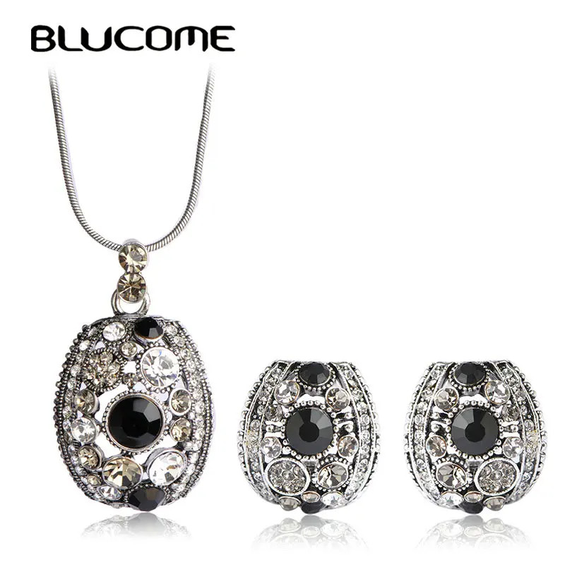 

Blucome Retro Style Crystal Square Necklace Earrings Jewelry Set Women Wedding Party Banquet Daily Antique Gold Accessories Gift