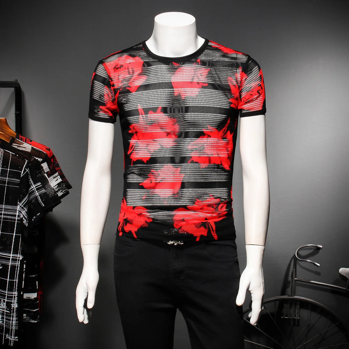 Big Red Flower Men Tee Shirt Mesh Designer Club Party Prom T shirt Men