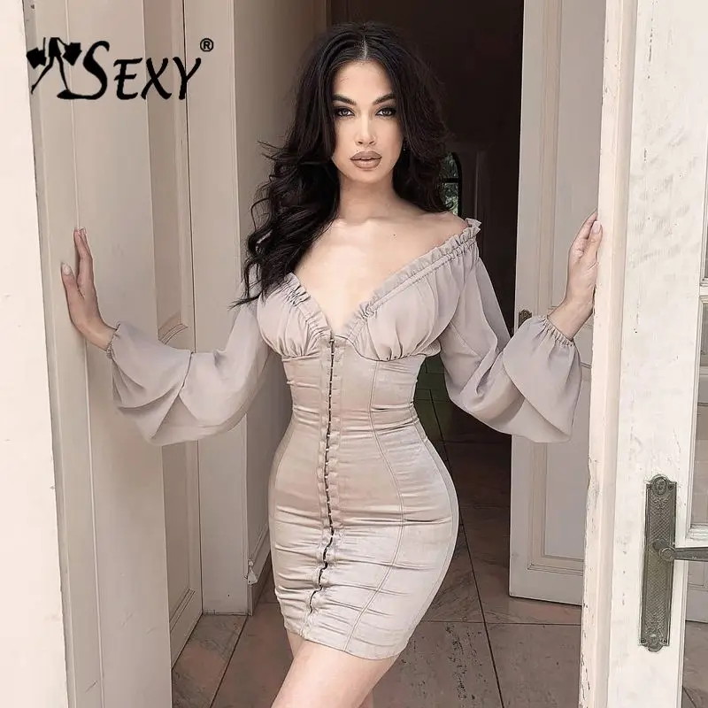 

Gosexy 2019 New Sexy Deep Ruched V Neckline Zipper Mesh Long Sleeves Bodycon Mini Dress