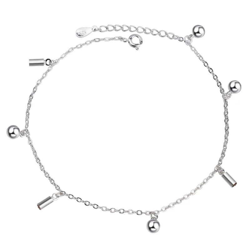 

2019 Luxury Pure S925 Sterling Silver Fashion Small Bell And Square Charm Anklet For Women S925 Ankle Bracelet Adjustable Length