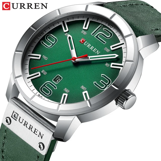 Luxury CURREN New Men Watch Creative Green Face Leather Strap Quartz