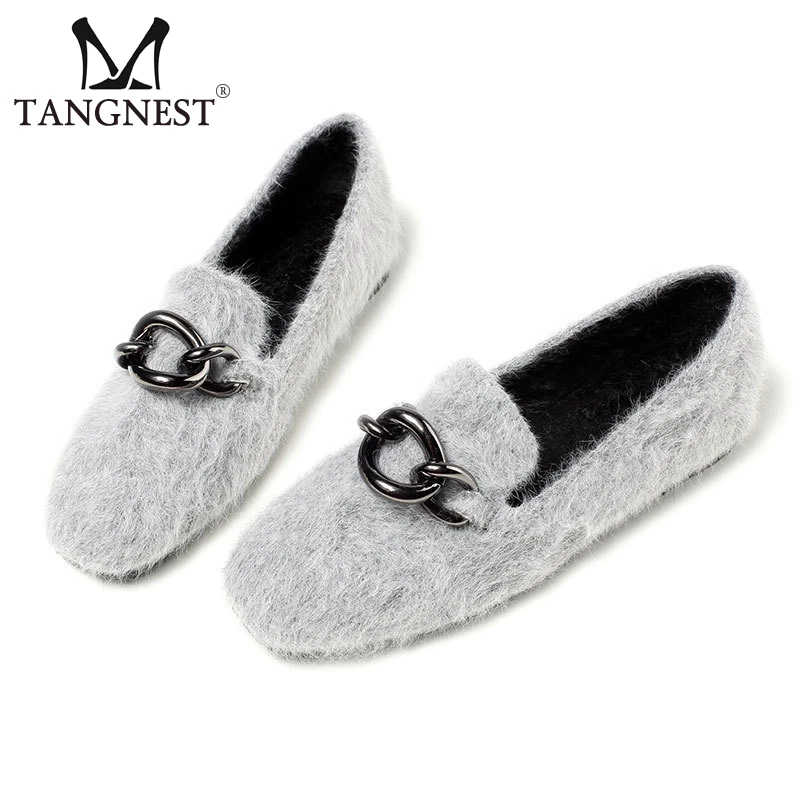 

Tangnest Spring New Faux Fur Loafers Women Metal Decoration Pointed Toe Flats Warm Comfort Casual Solid Color Footwear XWD7153