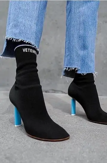 2016 vetement boots Lighter-Heel Stretch fabric Women Boot Elastic Sock Jersey Boot Women Knitting Over The Knee High Heel Shoe