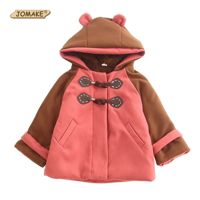 

JOMAKE Autumn and Winter New Girl Horns Buckle Wool Coat Children Baby Thicken Fleece Woolen Coats Boys Bear Ear Hooded Outwear