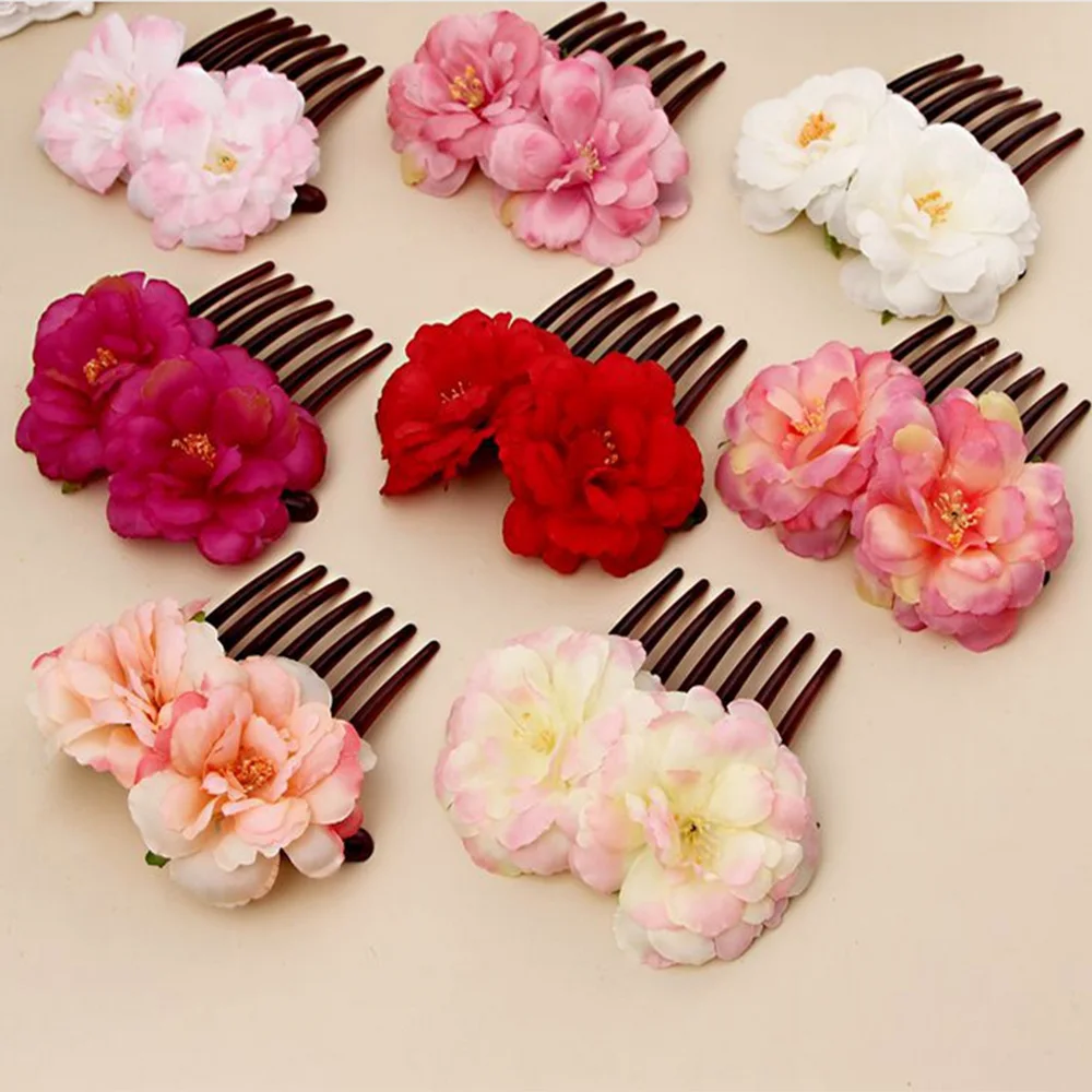 Hot New Fashion 1 pcs Women Fashion Double Silk Rose Flower Hair Comb