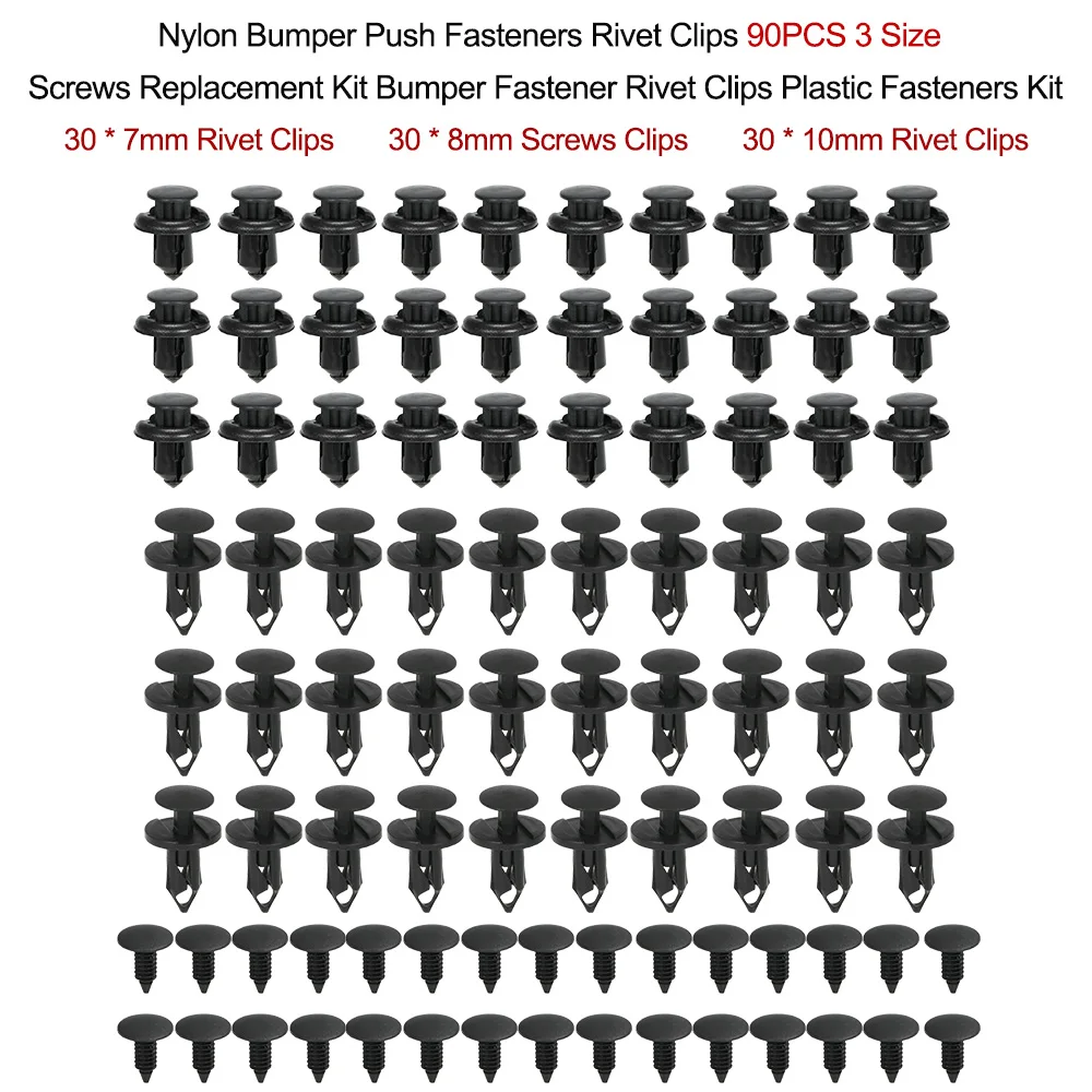 Нейлоновый бампер нажимные крепежи заклепки клипсы 90 шт. 3 размера Винты Замена Набор бампер Крепеж заклепки клипсы пластиковый набор крепежа