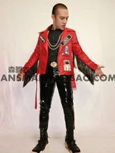 Hot!!!Nightclub DJ male singer male pop right Zhi-Long GD Pope winds cloth attached fringed leather jacket Slim costumes VSTINUS