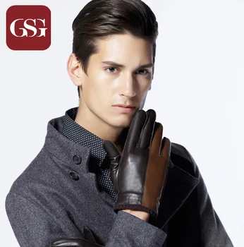 

GSG Brand Winter Genuine Leather Gloves Men Black Fashion Warm Driving Goatskin Mittens Two Tone Contrast Color Guantes Luvas