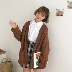 Корейский Для женщин Свободный кардиган, пальто двойной карман дизайн свитер куртка Симпатичные Sweet Girl Повседневное длинный вязаный