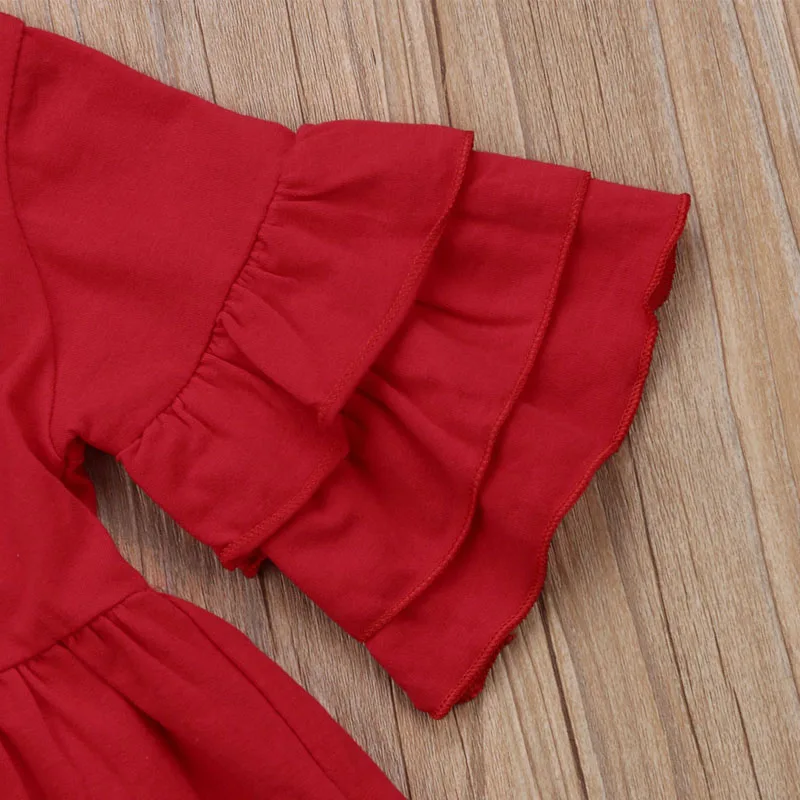 Осенний комплект одежды из 2 предметов для маленьких девочек, красные футболки с длинными рукавами туника+ джинсовые штаны с цветочным принтом, джинсовая одежда г., детская одежда