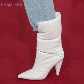 

EMMA KING Ladies Leather Ankle Boots Winter Pointed Toe Motorcycle Boots Slip on Spike High Heels Shoes White Down booties Mujer