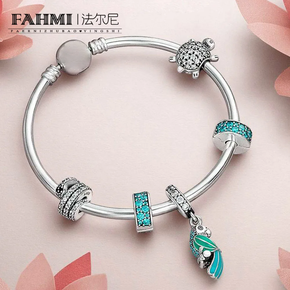 

FAHMI 100% 925 Sterling Silver 1:1 Turtle with cubic zirconia Beaded TROPICAL PARROT HANGING CHARM Bangle Natural Charm Gift Set
