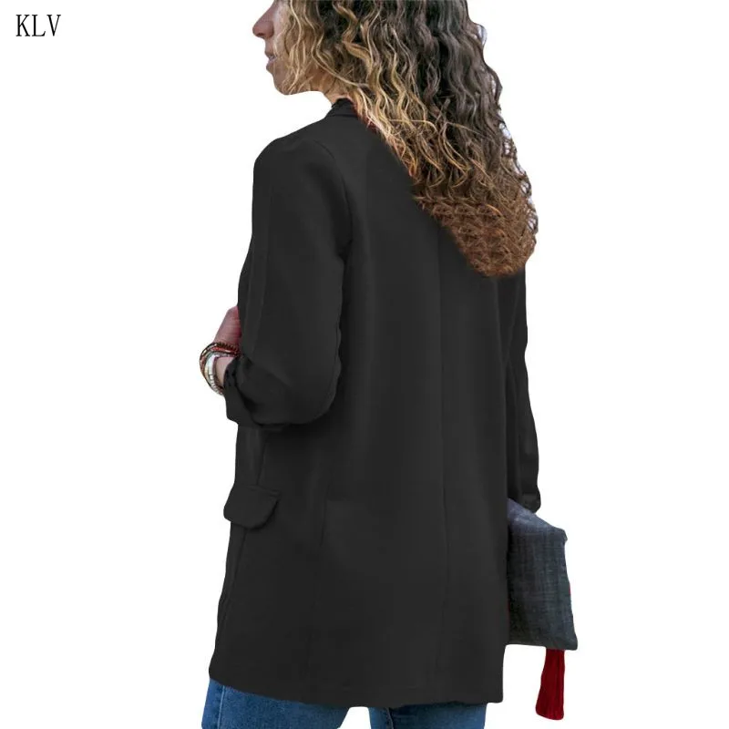 Женский костюм с длинным рукавом на осень и весну, пиджак, однотонный тонкий пиджак с открытой передней частью для офиса - Цвет: Черный