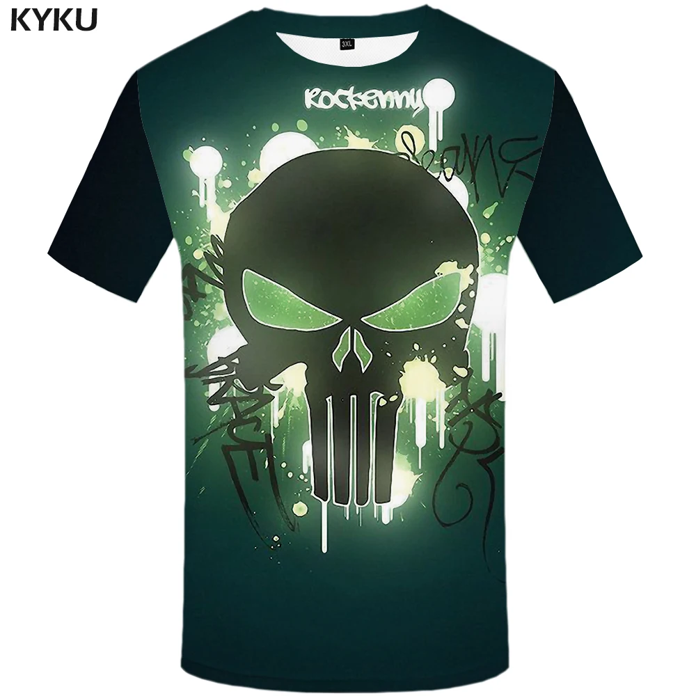 

KYKU Skull Tshirt Men Punisher T-shirt Green Cool 3d Print T Shirt Funny T Shirts Anime Clothes Punk Rock Gothic Mens Clothing